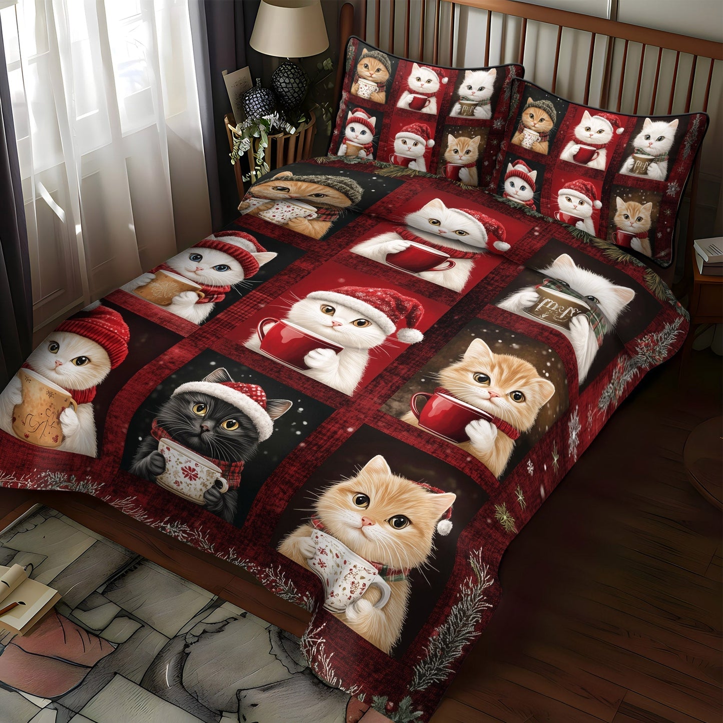 Yuletide Cats 3-Piece Quilted Bedding Set - Single (59" x 70")