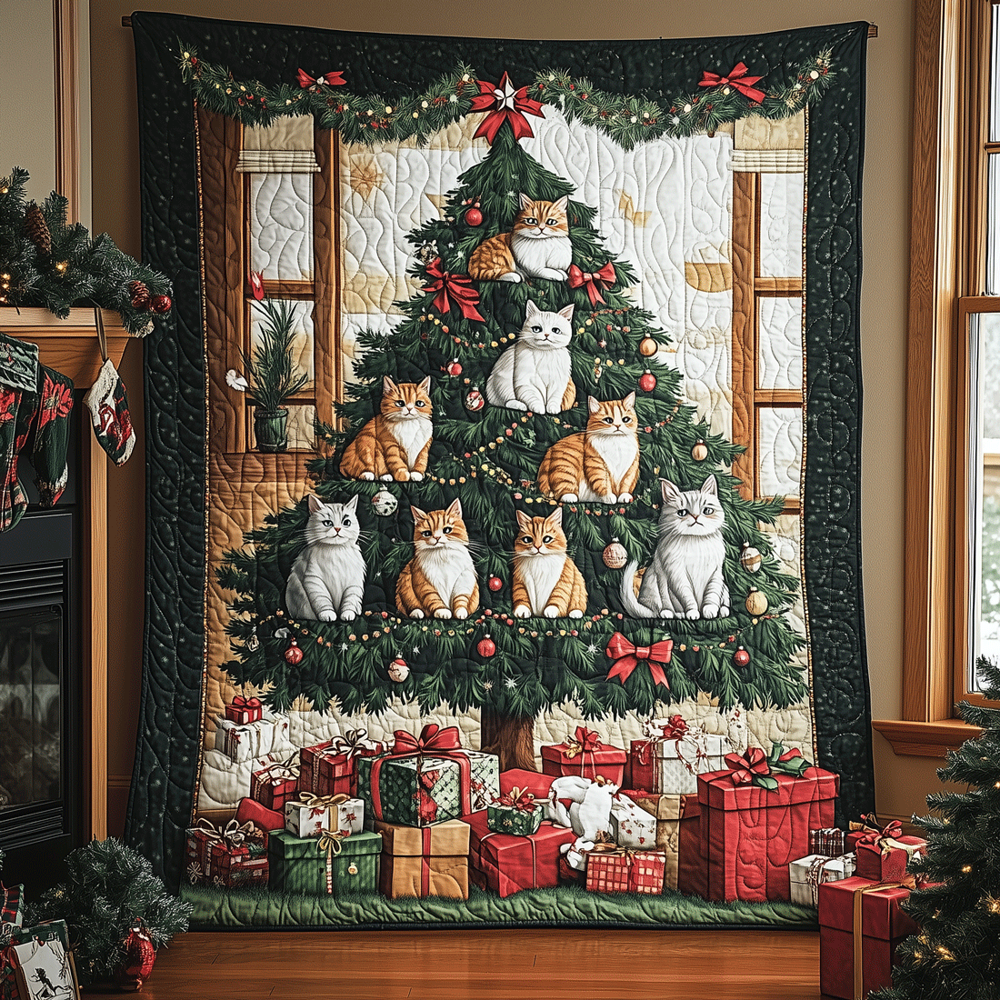Yuletide Cats Quilted Blanket - Throw (55" x 60")