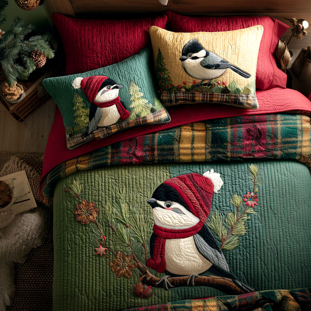 Yuletide Chickadee 3-Piece Quilted Bedding Set - Single (59" x 70")
