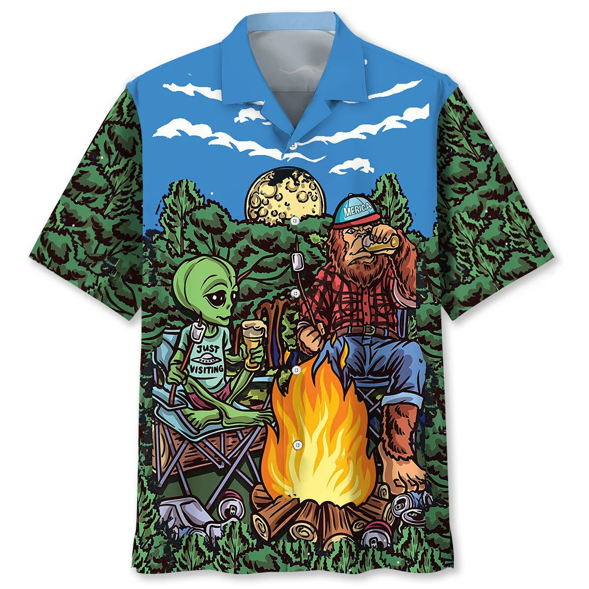 Alien Bigfoot Campfire Night Hawaiian Shirt - XL - hawaiian shirt