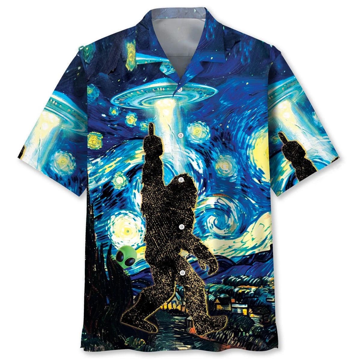 Alien Stalk Bigfoot in a Starry Night Hawaiian Shirt