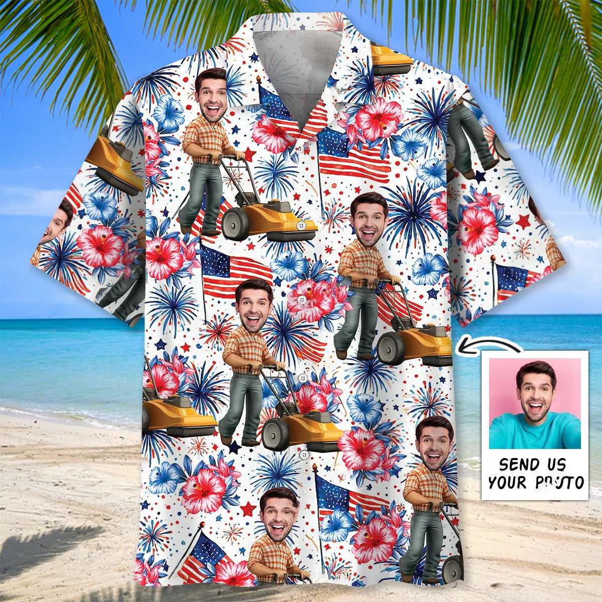 American Man Moving Lawn Mower Custom Face Hawaiian Shirt - XL - hawaiian shirt