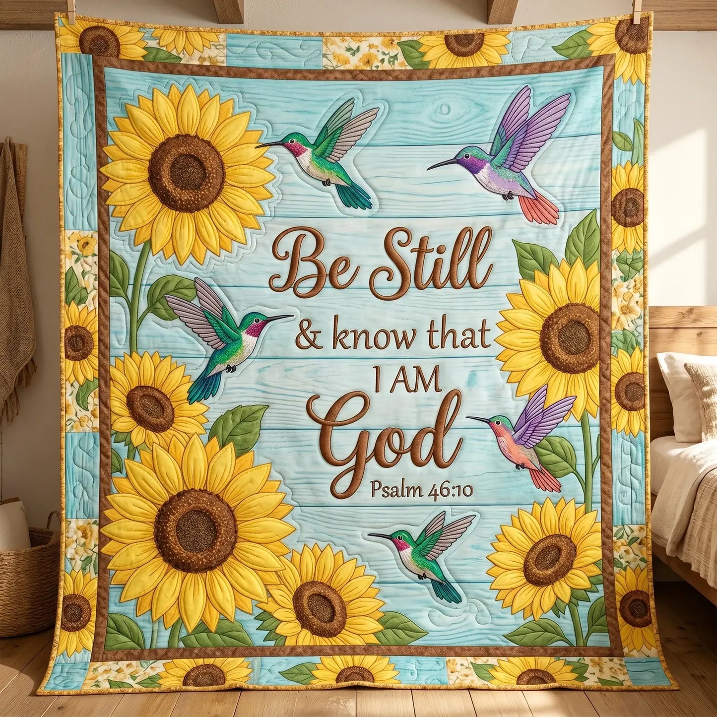 Be Still Sunflower And Hummingbird Quilt Blanket