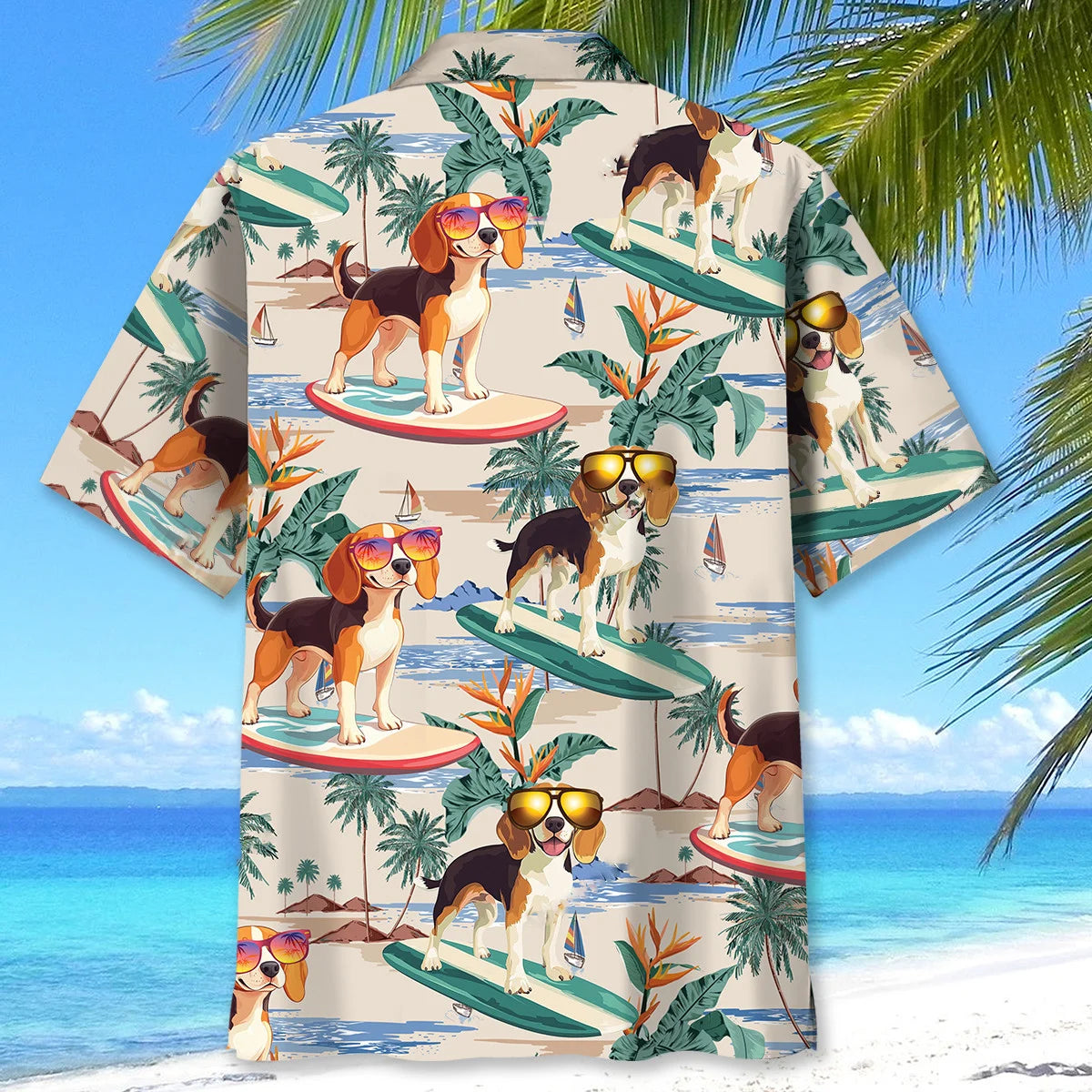 Beagle Surfing on Beach Hawaiian Shirt