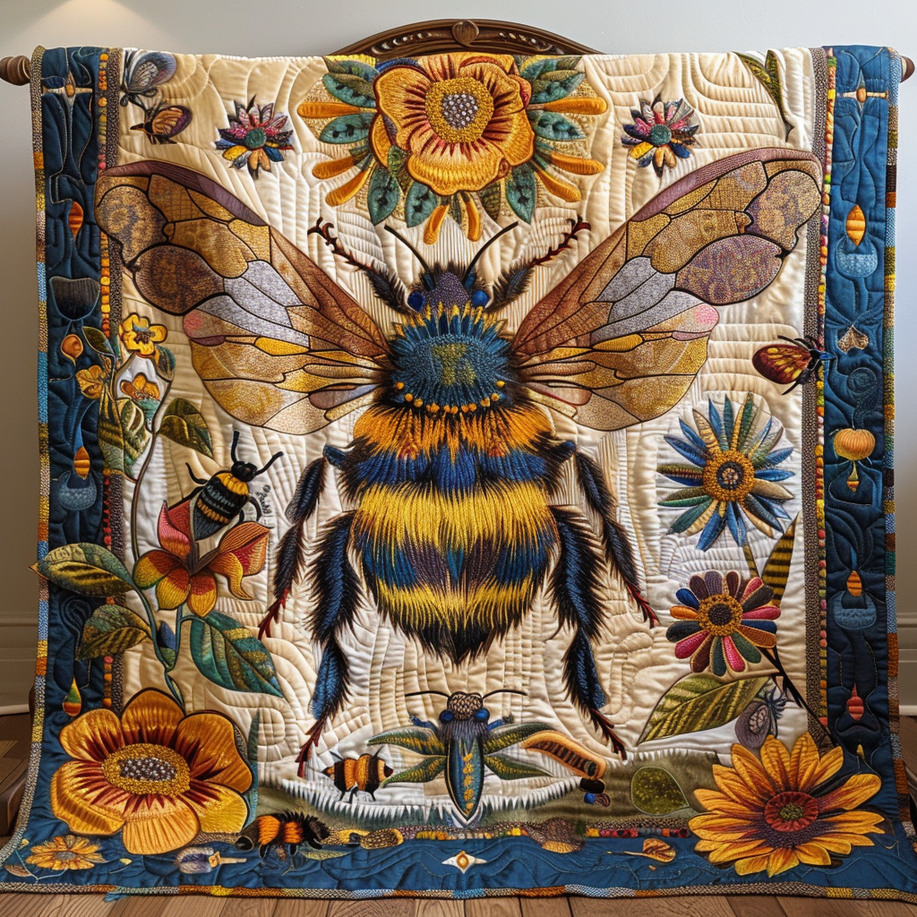 Vintage Floral Bee Quilted Blanket - Throw (55" x 60")