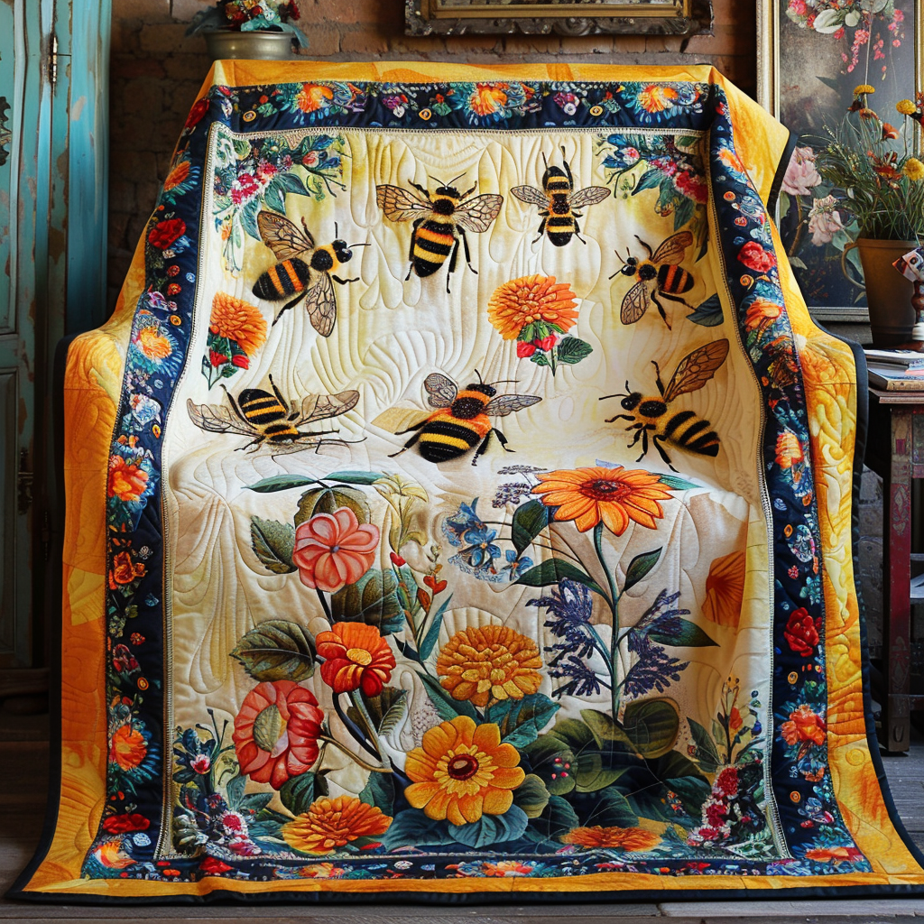 Garden Bee Art Quilted Blanket - Throw (55" x 60")