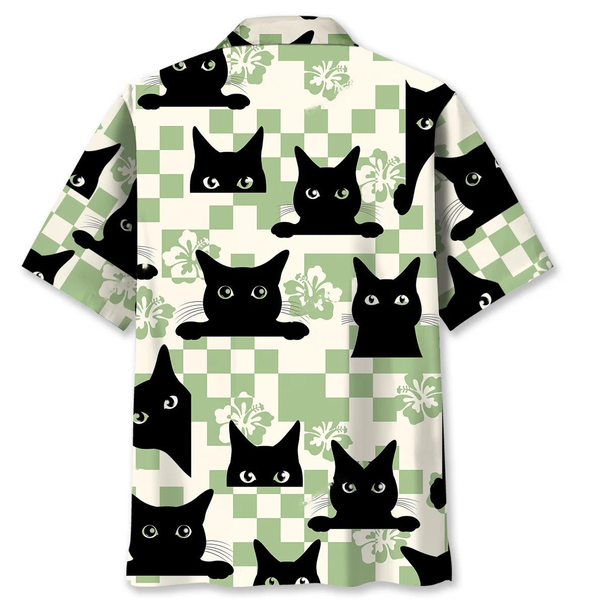Black Cat Checkerboard Hibiscus Summer Hawaiian Shirt