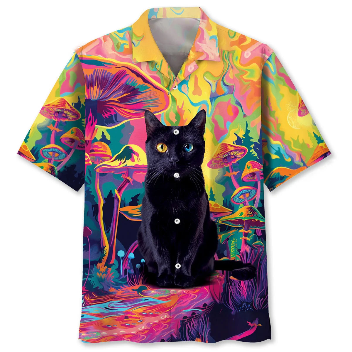 Black Cat Hippie Mushroom Hawaiian Shirt