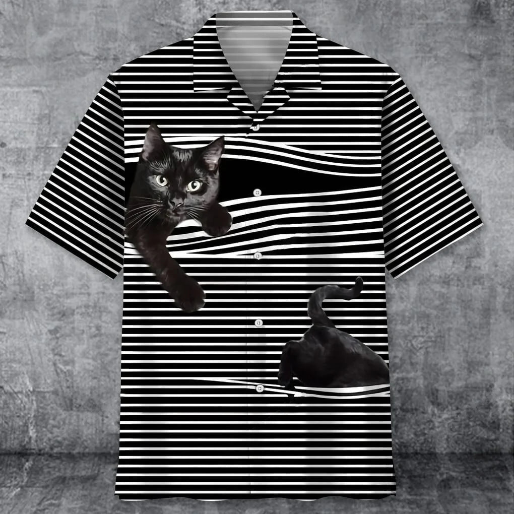 Black Cat Stripes Pattern Hawaiian Shirt