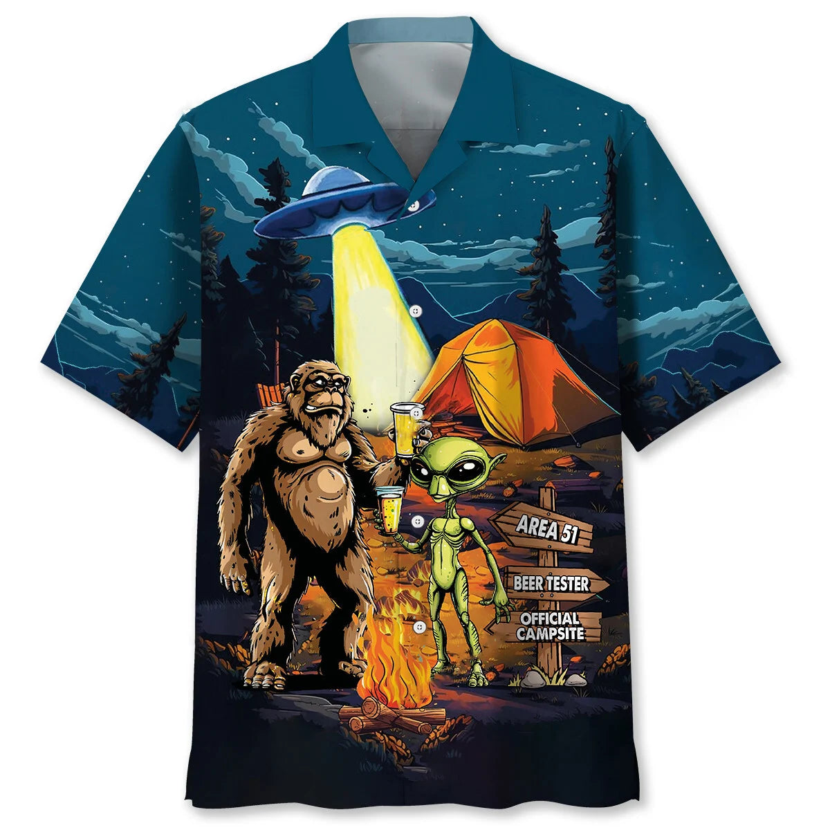 Camping Alien Bigfoot Area 51 Hawaiian Shirt