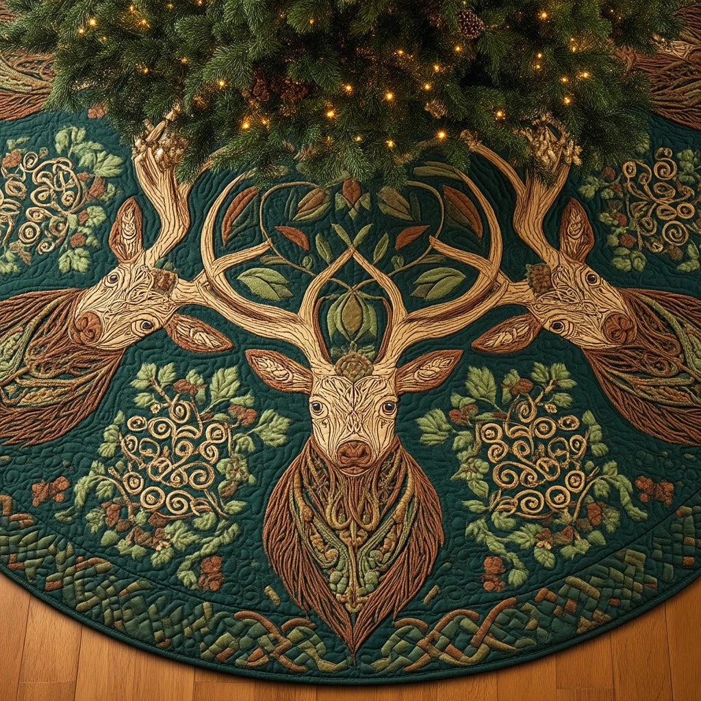 Celtic Forest Deer Christmas Quilted Tree Skirt