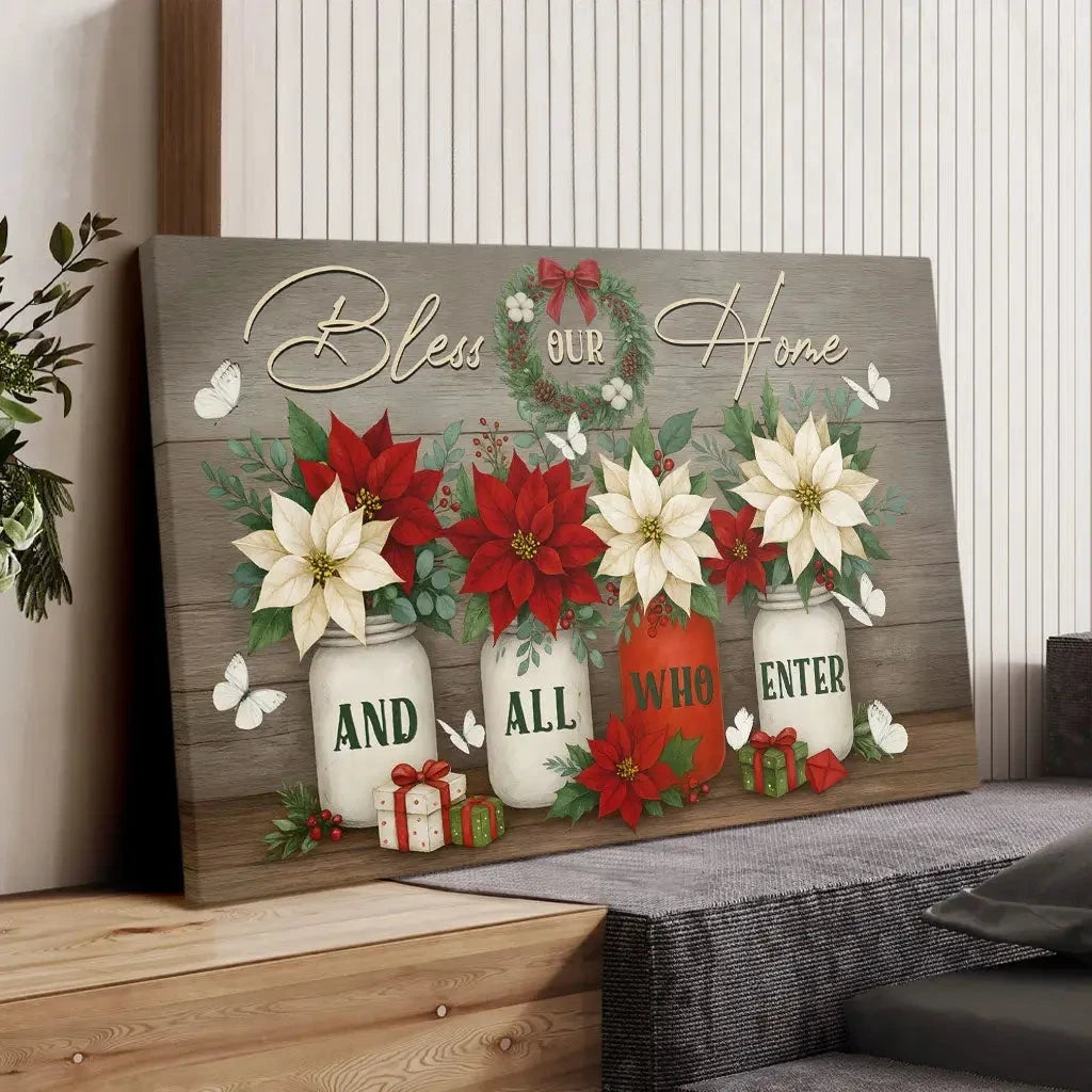 bless our home and all who enter wall art canvas christian christmas decoration (Landscape) (view 6)
