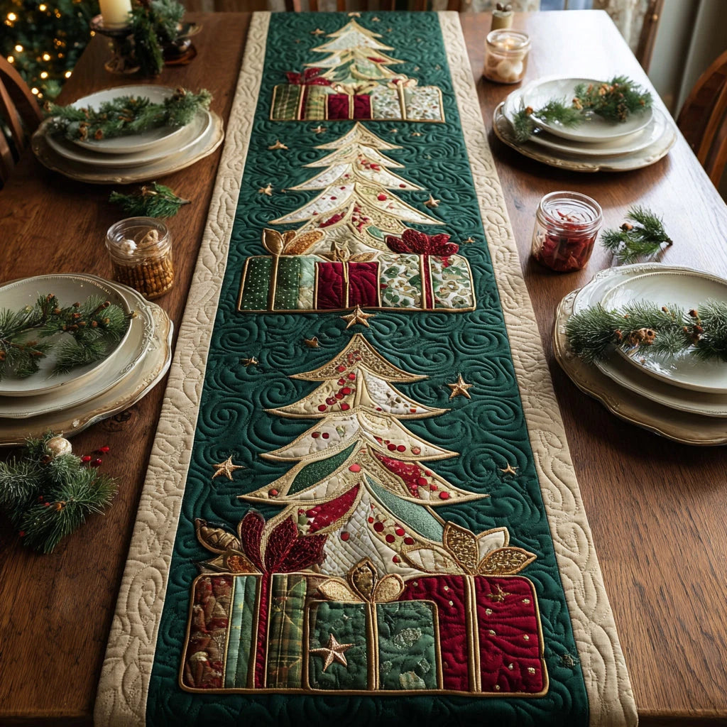 Christmas Tree Gifts Quilted Table Runner