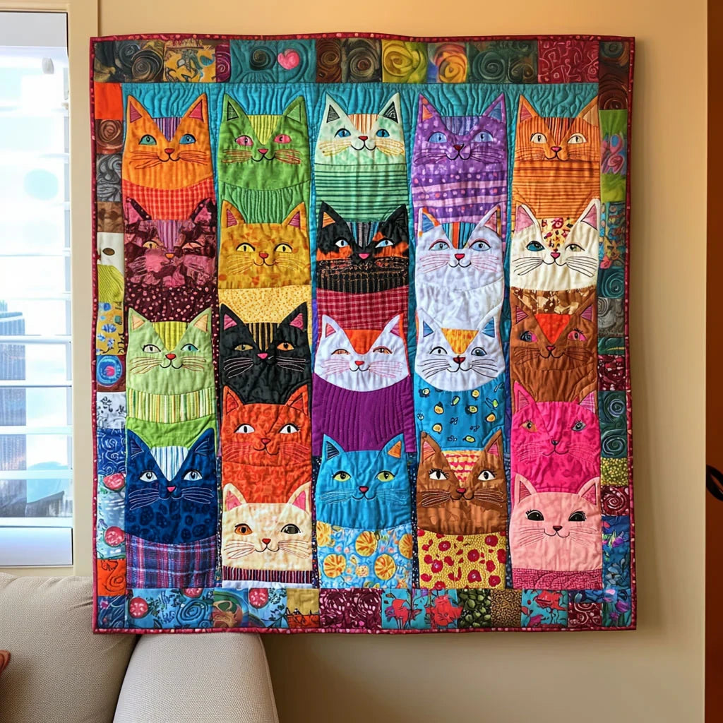 Colorful Whimsical Cats Quilt Blanket