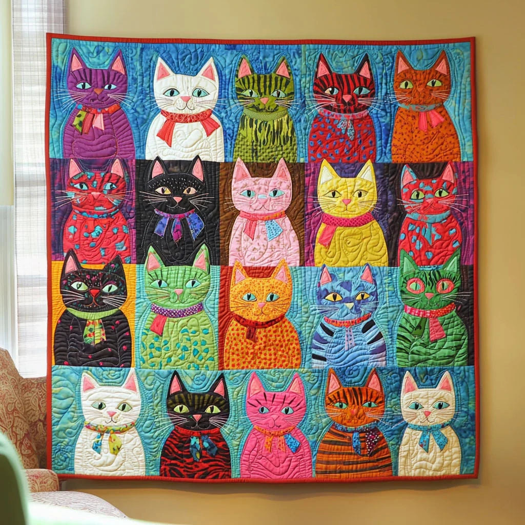 Colorful Whimsical Cats Quilt Blanket