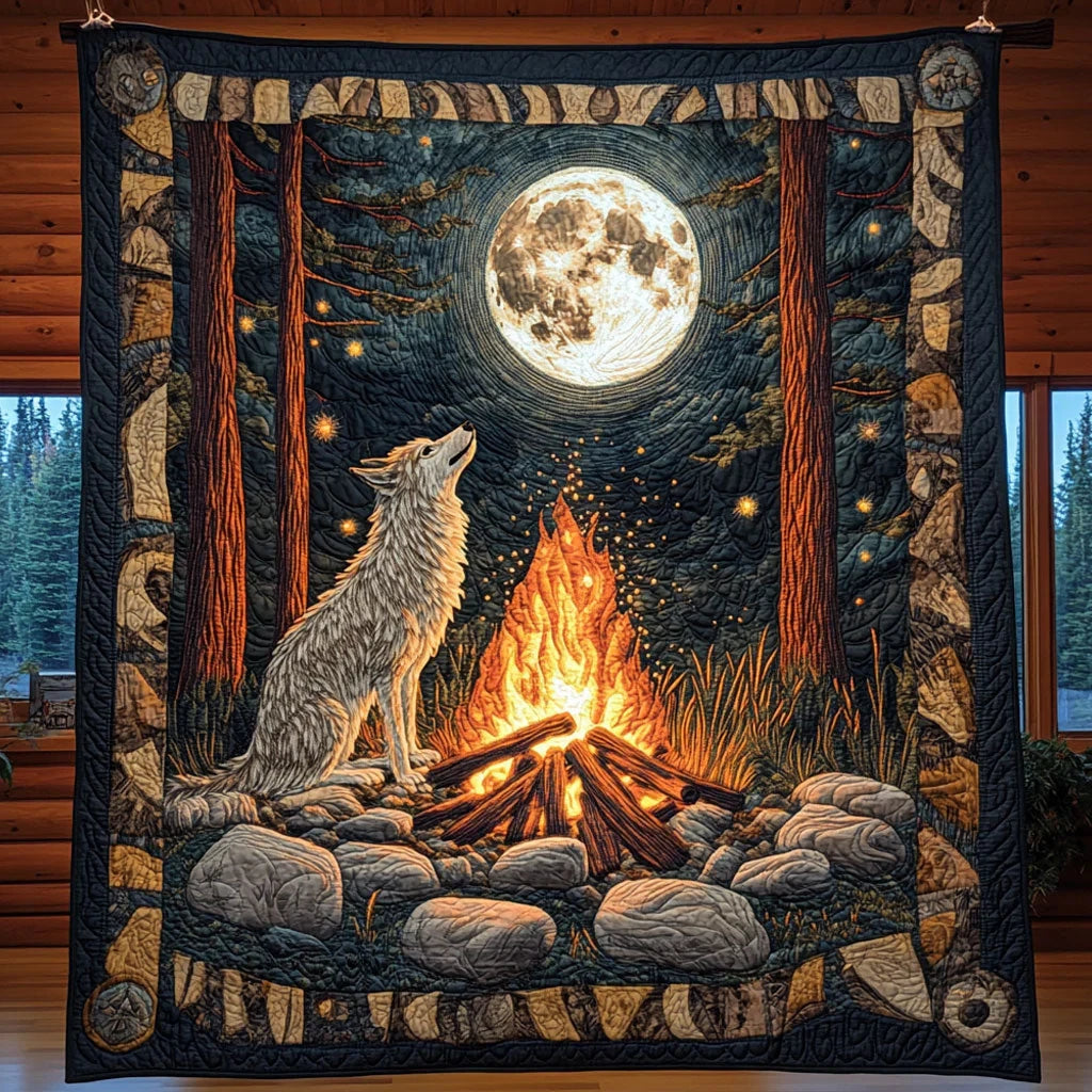 Coyote And Campfire Quilt Blanket