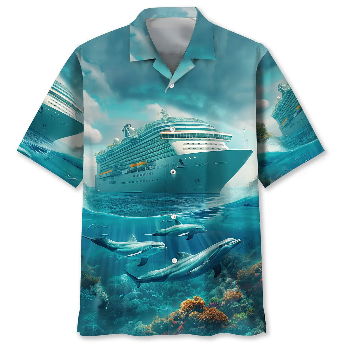 Cruise Ship with Dolphins Art Hawaiian Shirt