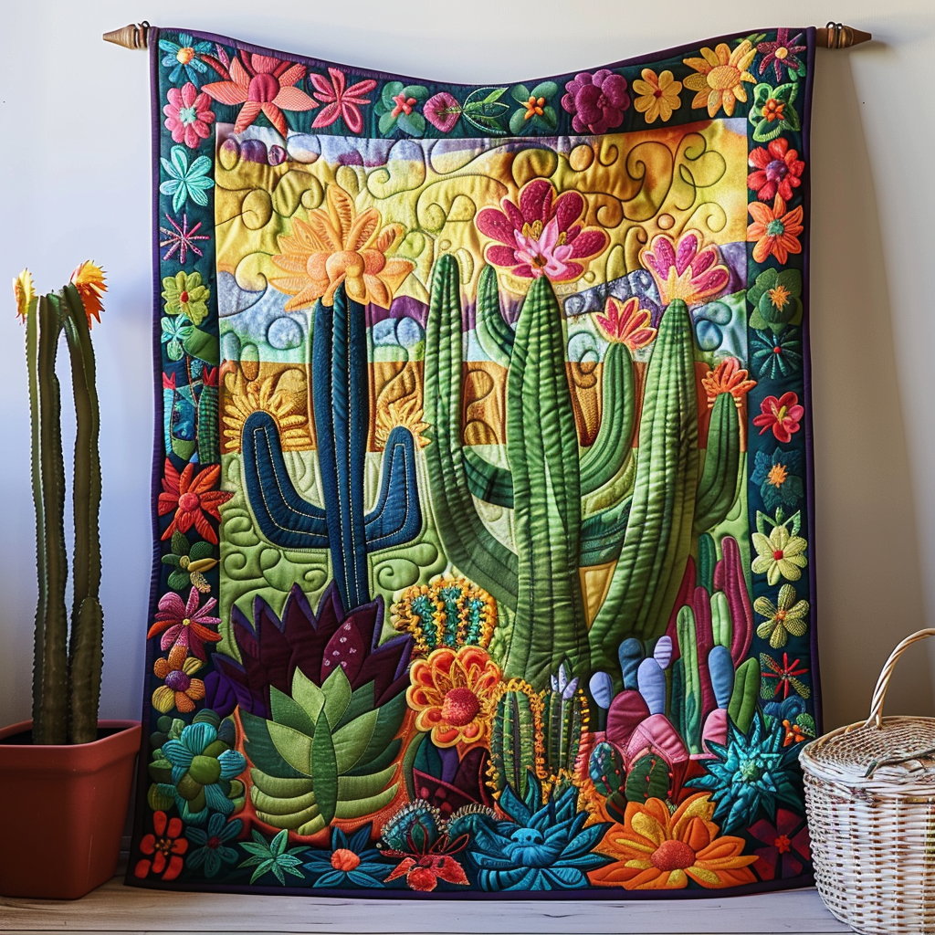 Desert Botanical Cactus Quilted Blanket - Throw (55" x 60")