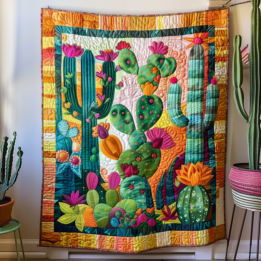Vibrant Succulent Cactus Quilted Blanket - Throw (55" x 60")