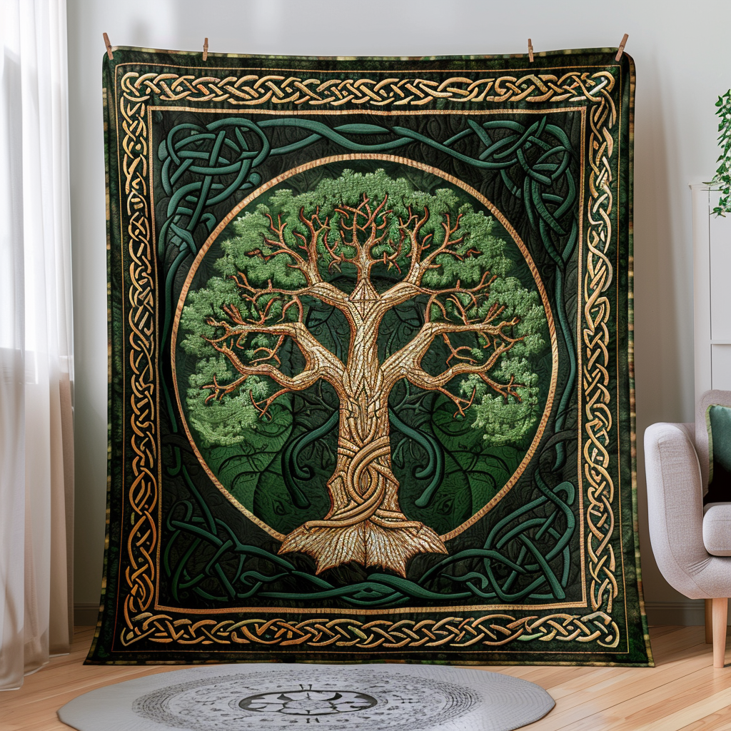 Golden Celtic Tree Of Life Quilted Blanket - Throw (55" x 60")