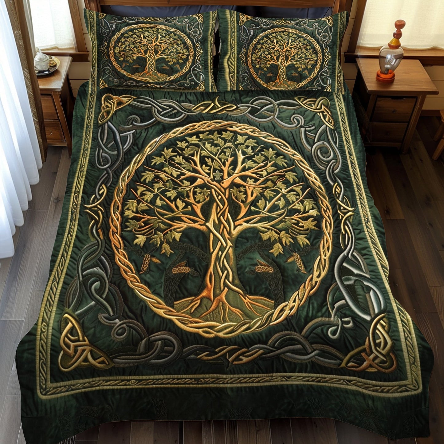 Golden Celtic Tree Of Life 3-Piece Quilted Bedding Set - Single (59" x 70")