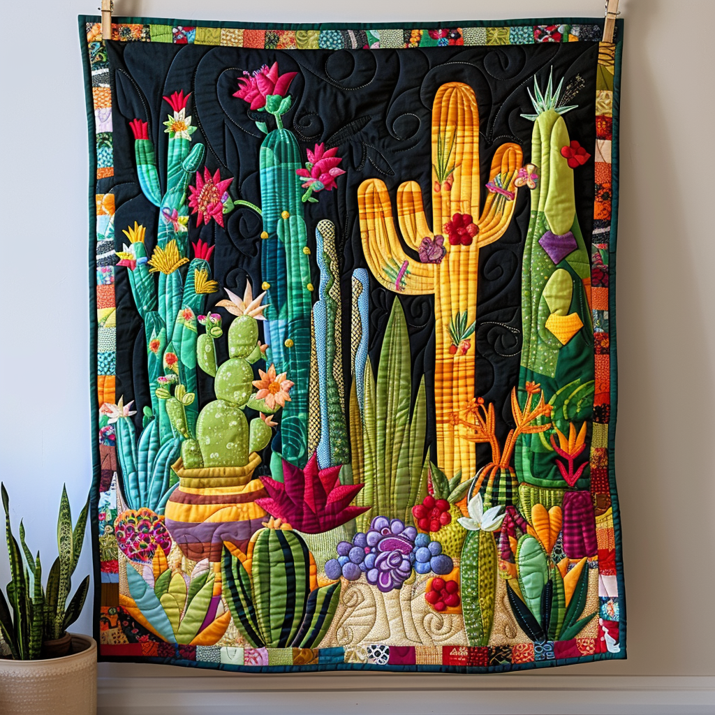Blossoming Cactus Elegance Quilted Blanket - Throw (55" x 60")