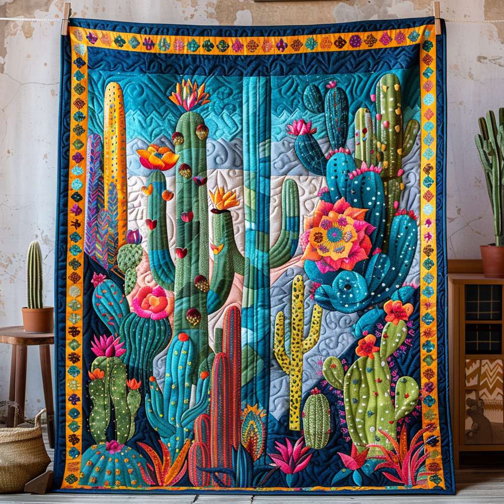 Vibrant Succulent Cactus Quilted Blanket - Throw (55" x 60")
