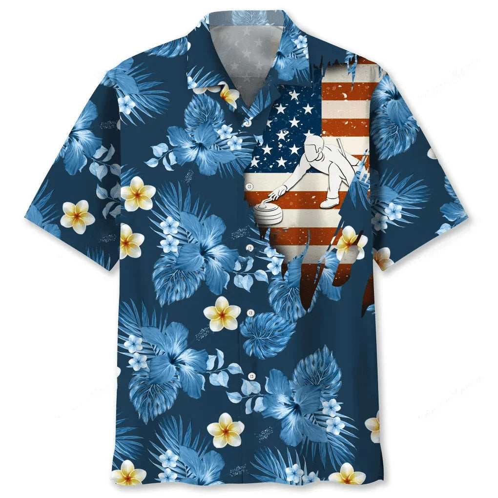 Curling Usa Blue Tropical Hawaiian Shirt