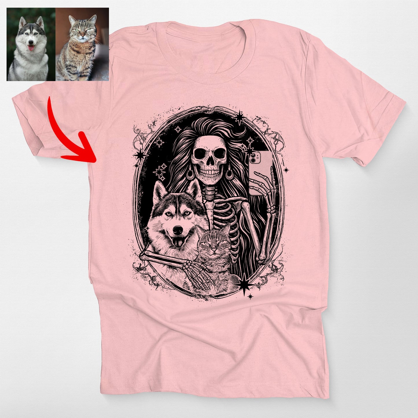 Custom Dog and Skeleton Bella Canvas T-Shirt for D, custom pet portrait gift for pet lovers (view 4)