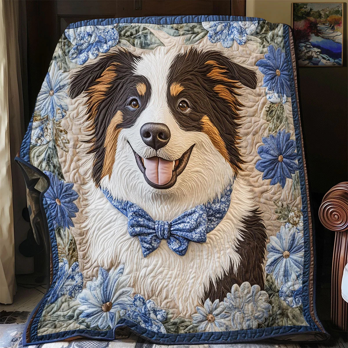 Dog And Blue Flower Quilt Blanket