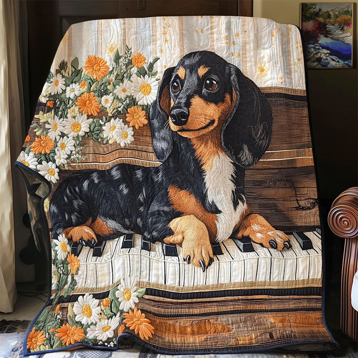Dog And Piano Quilt Blanket