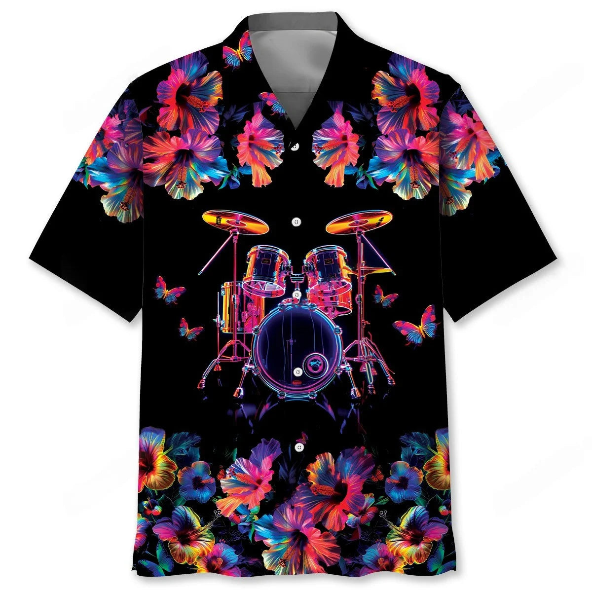 Drum Neon Hibiscus Flower Hawaiian Shirt