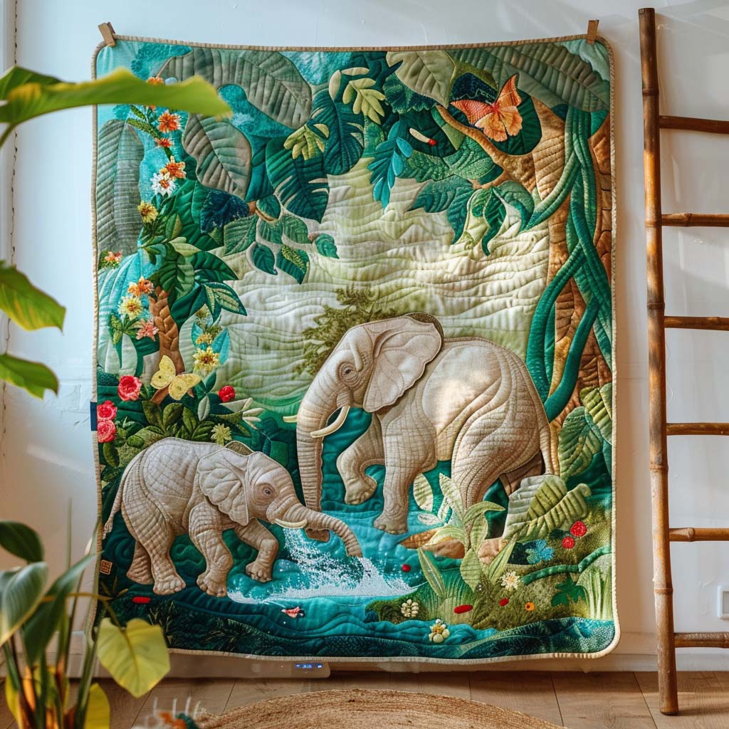 Elephant Refuge Quilt Blanket - Quilted Blanket by OtterMia