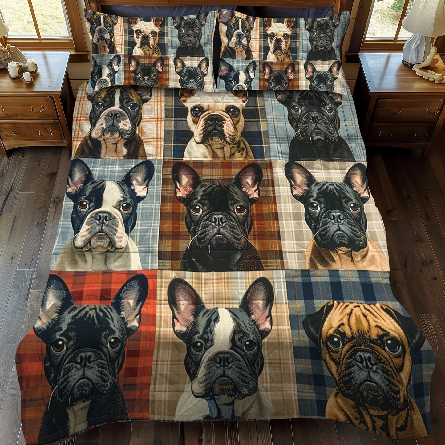 Plaid French Bulldog 3-Piece Quilted Bedding Set - Single (59" x 70")