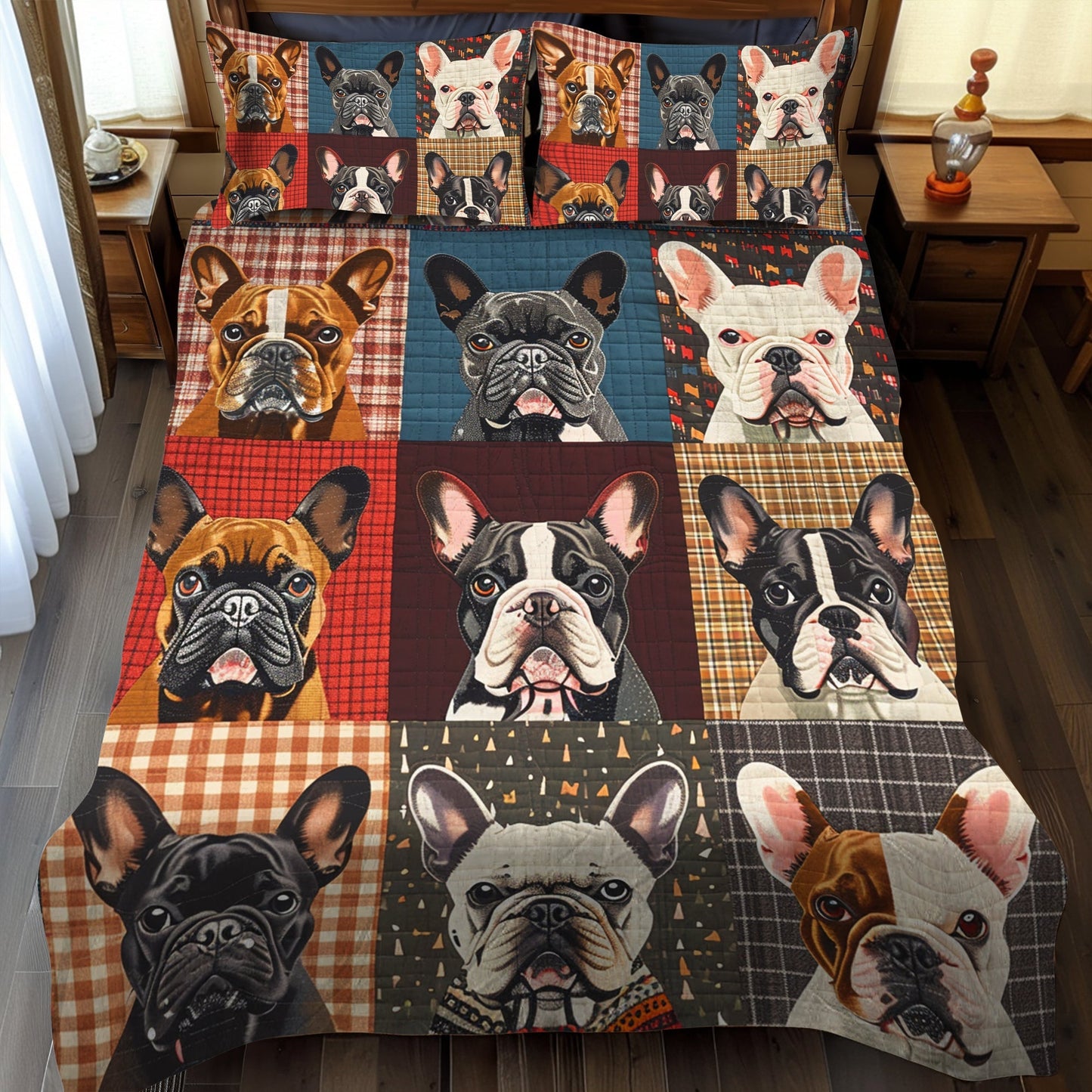 Vibrant Frenchie Faces 3-Piece Quilted Bedding Set - Single (59" x 70")