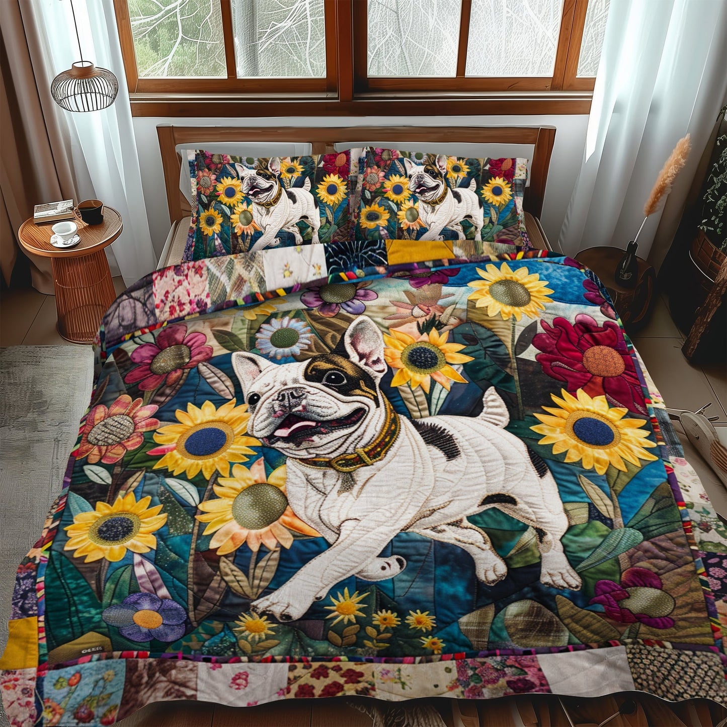 Sunflower French Bulldog 3-Piece Quilted Bedding Set - Single (59" x 70")
