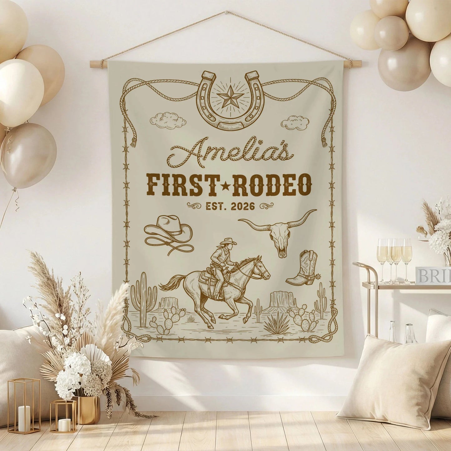 First Rodeo Birthday Banner Personalized Cowgirl First Birthday Backdrop Western Birthday Tapestry, personalized birthday ...