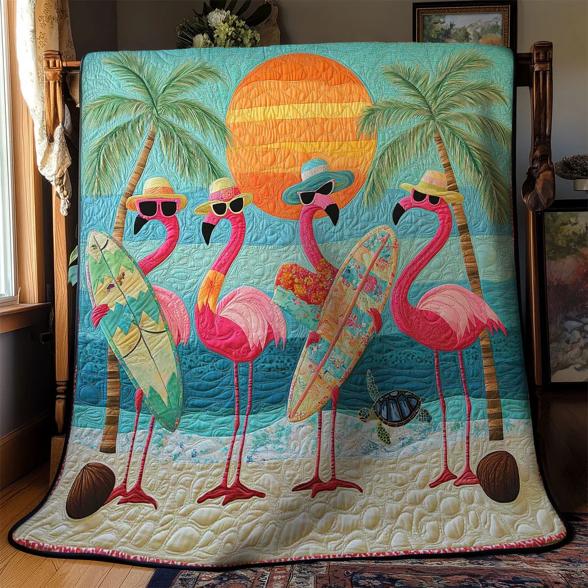 Flamingo Palms And Waves Quilt Blanket