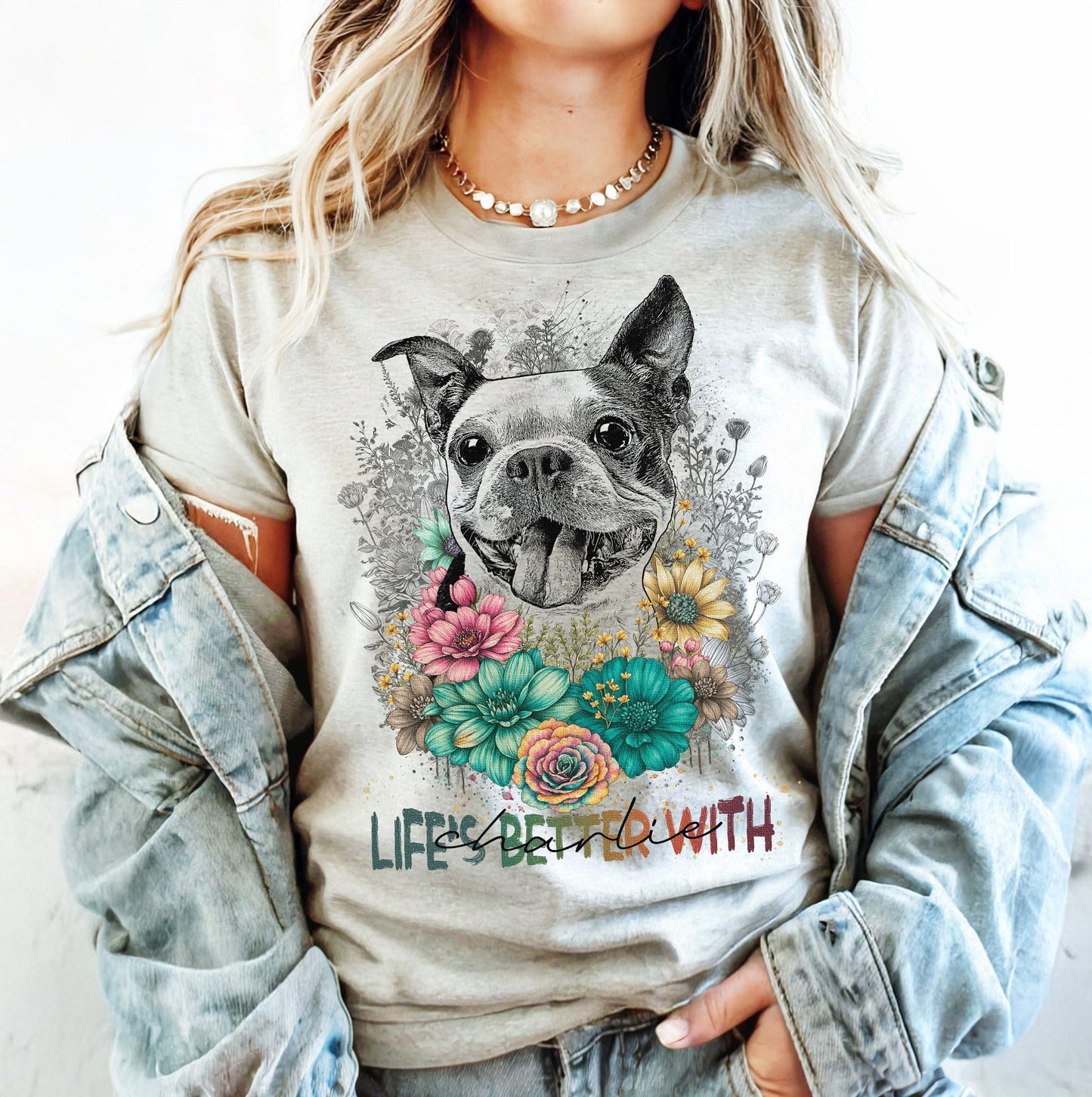 Floral Portrait Shirt Bella Canvas Tee for Pet Lov, custom pet portrait gift for pet lovers (view 6)