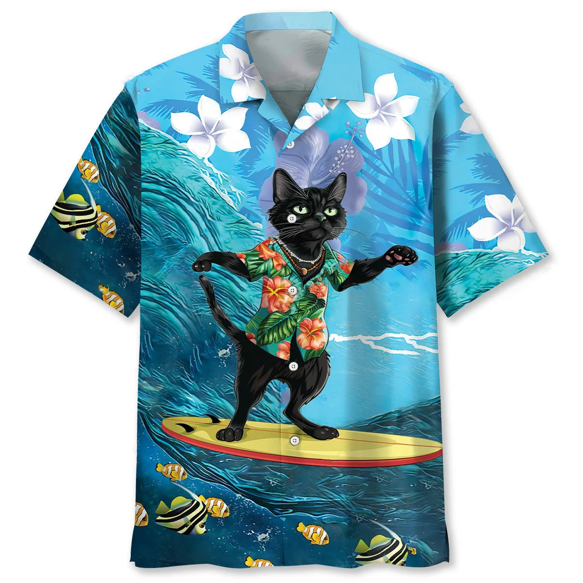 Funny Black Cat Surfing Hibiscus Hawaiian Shirt