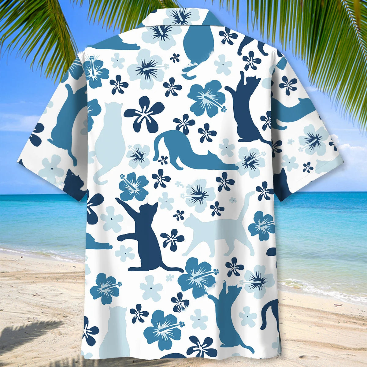 Funny Blue Hibiscus Tropical Cat Hawaiian Shirt