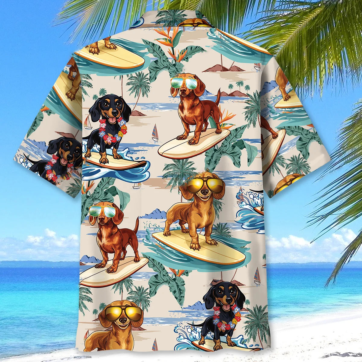 Funny Dachshund Surfing on Beach Hawaiian Shirt