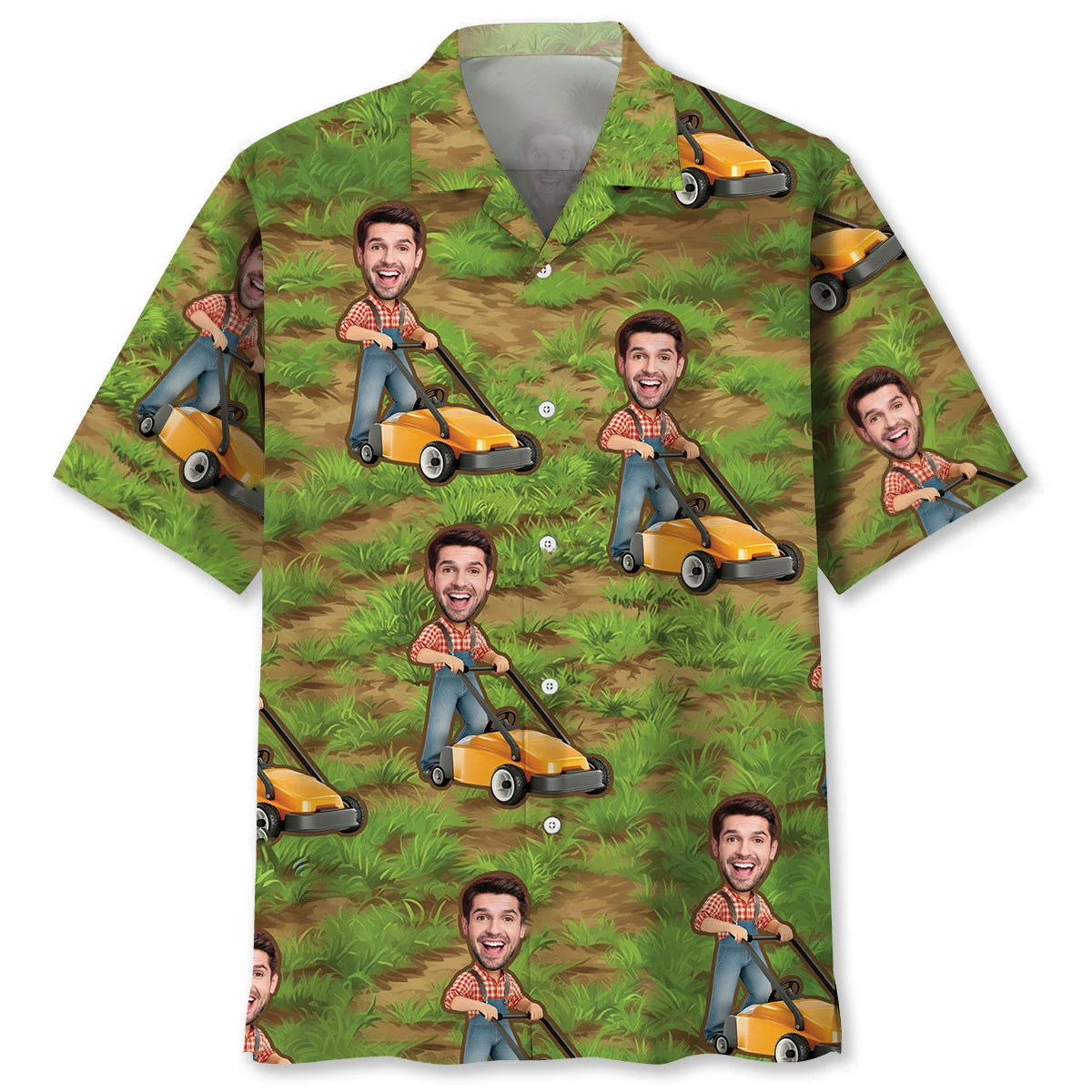 Funny Man Pushing Lawn Mower Custom Face Hawaiian Shirt - M - hawaiian shirt