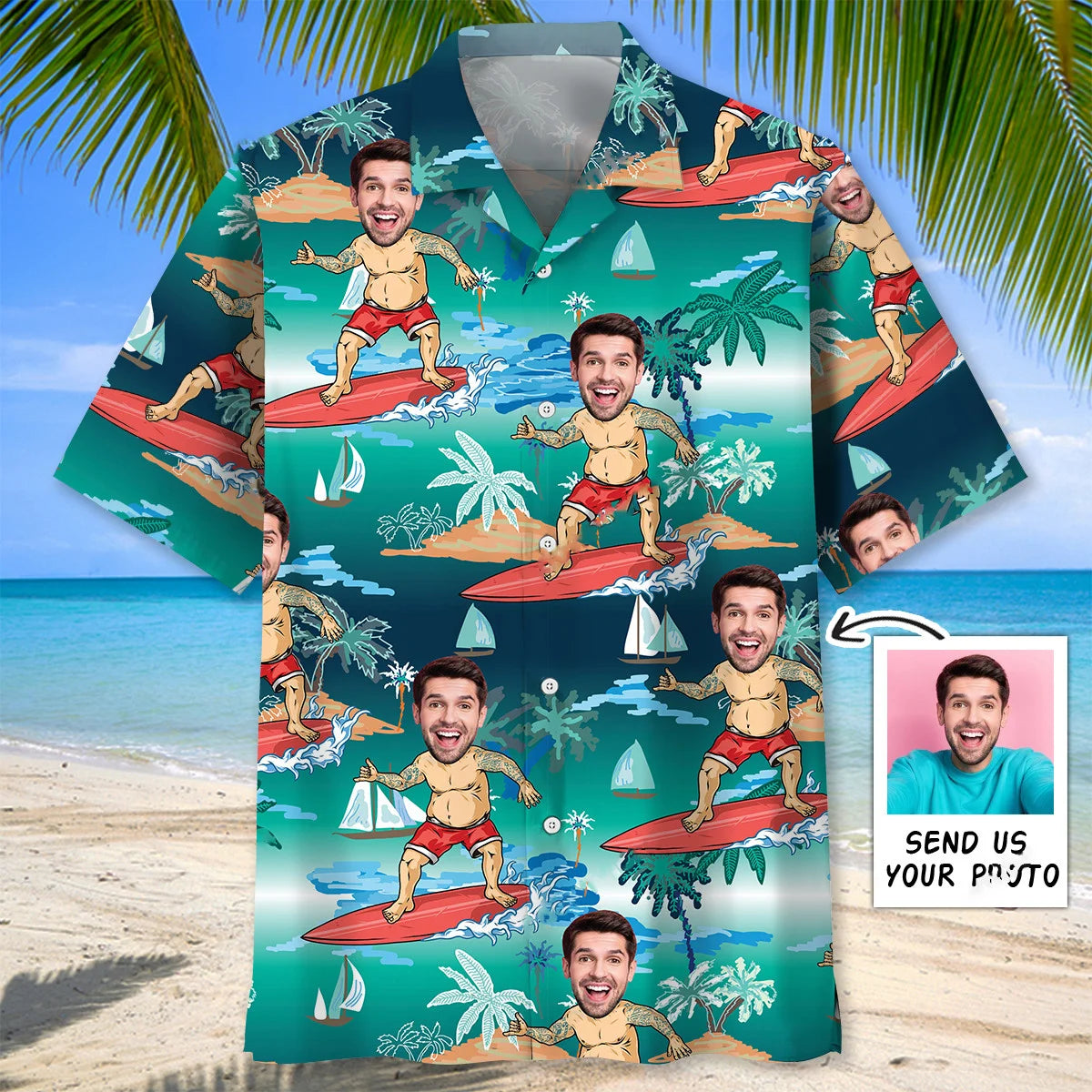 Funny Surfing Old Man Custom Photo Hawaiian Shirt