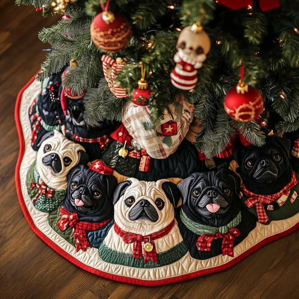 Happy Pug Christmas Quilted Tree Skirt