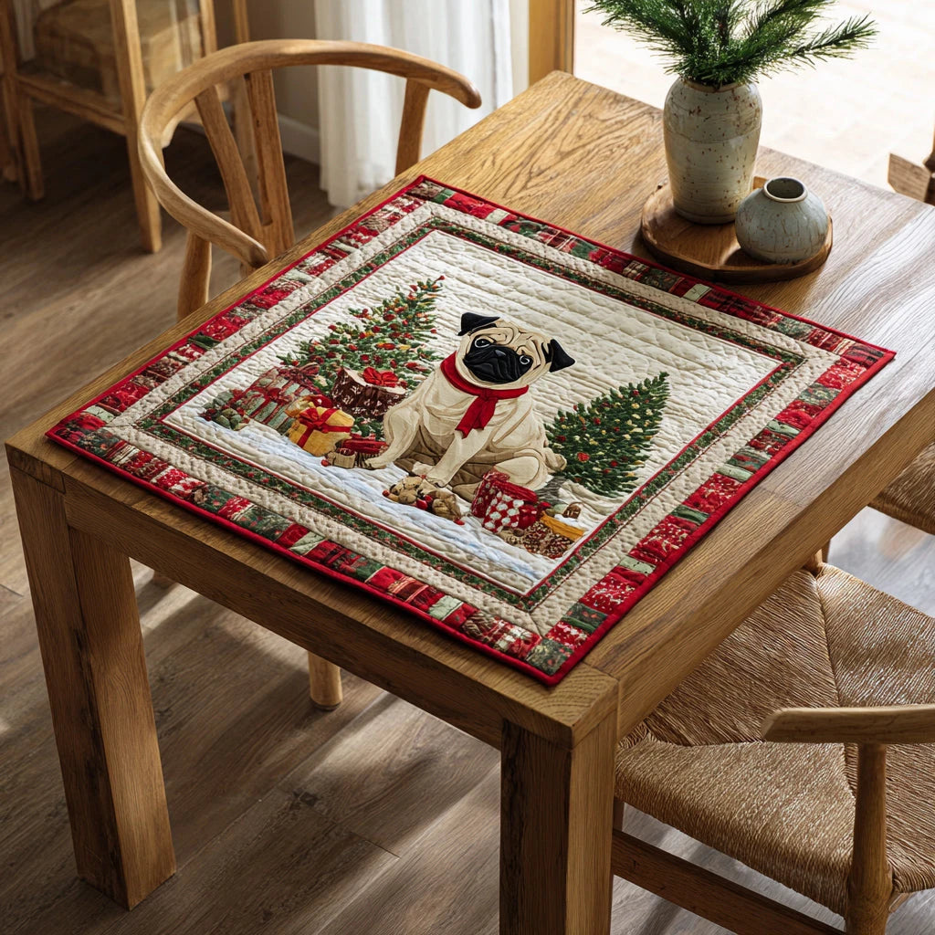 Holly Jolly Pug Quilted Table Topper