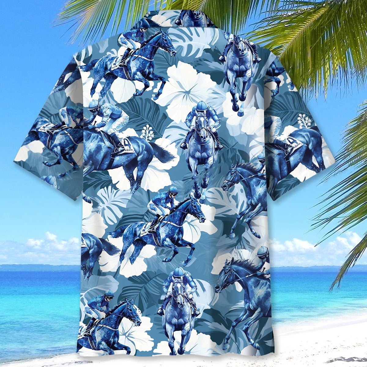 Horse Racing Hibiscus Blue Hawaiian Shirt
