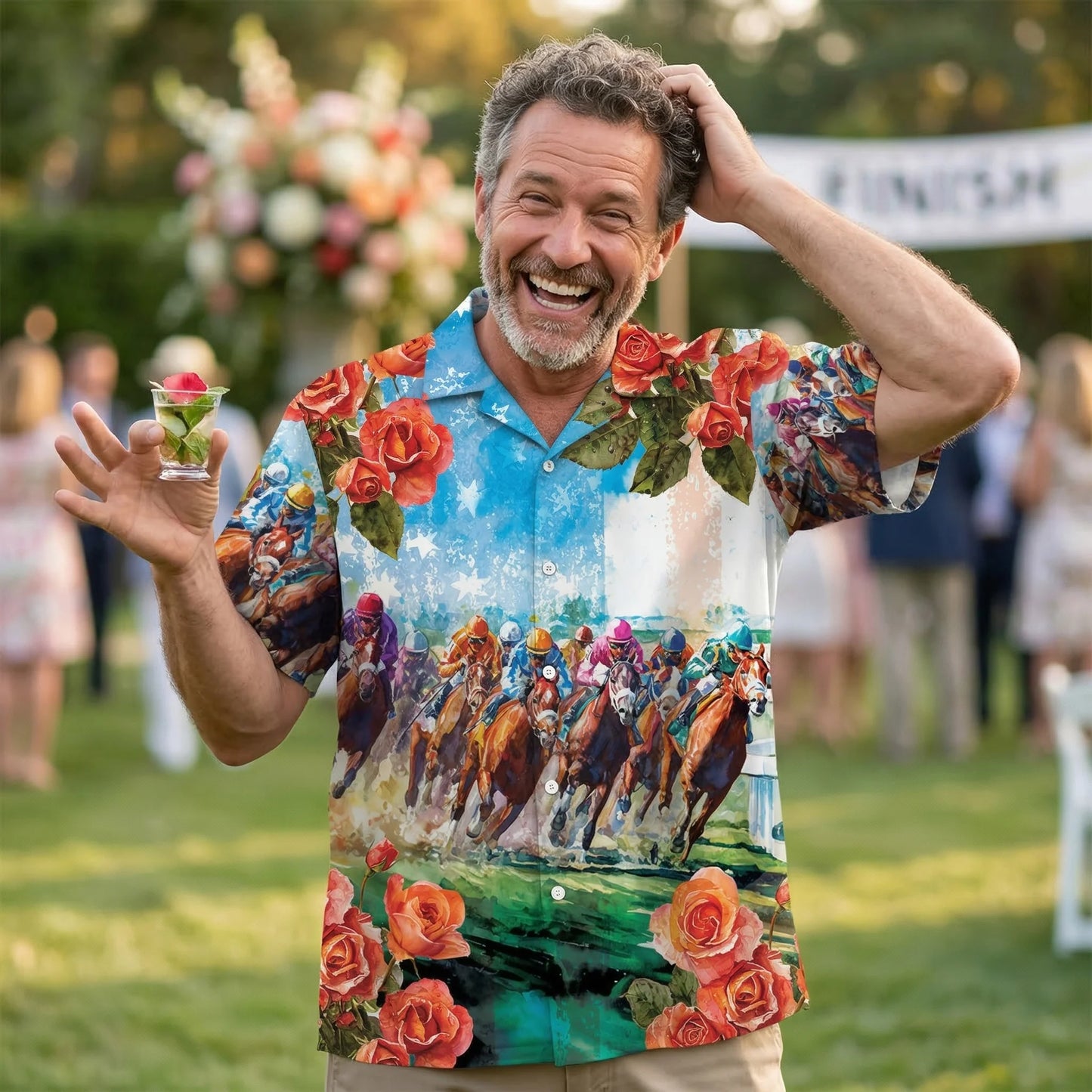 Horse Racing Rose American Flag Watercolor Hawaiian Shirt