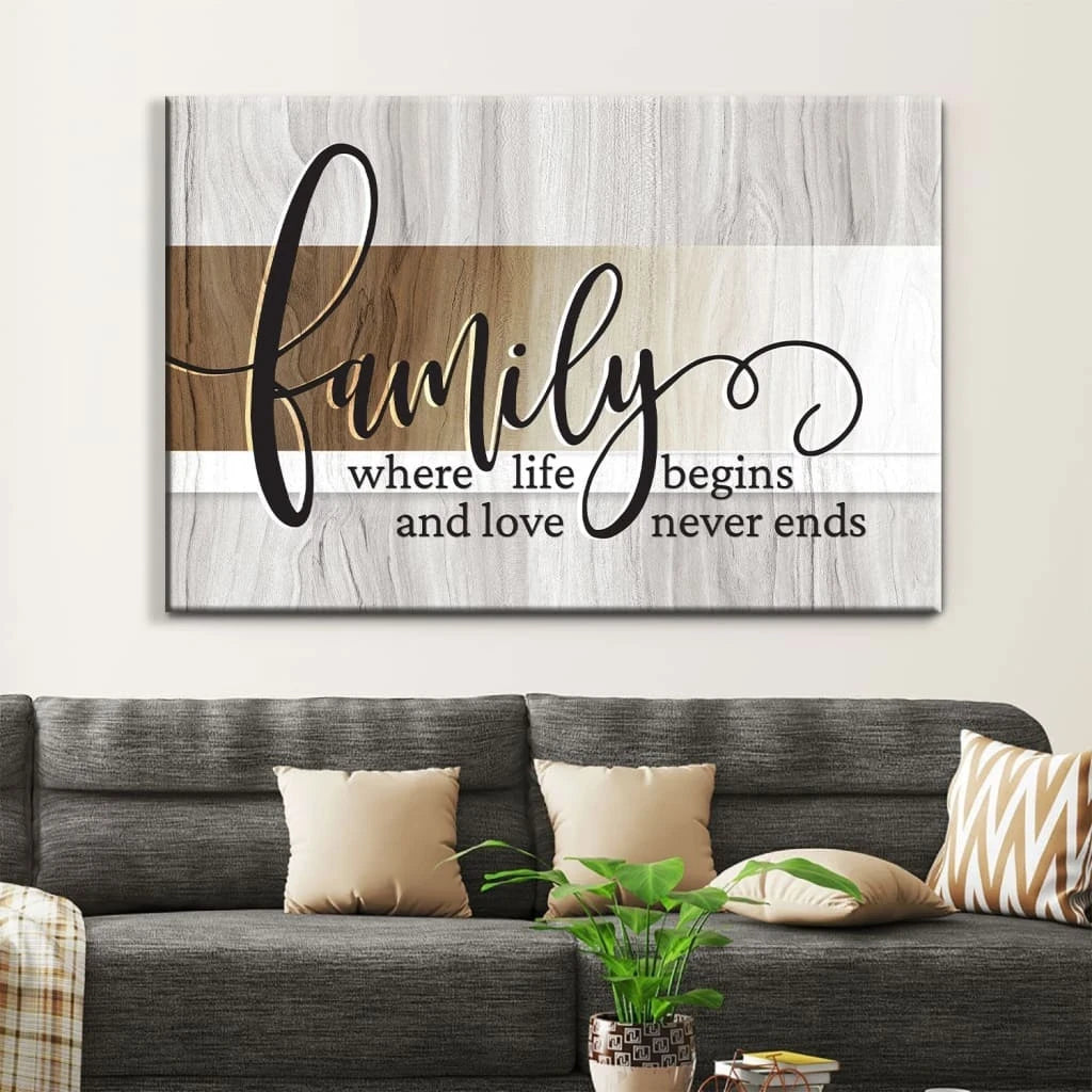 family where life begins and love never ends rustic christian wall art canvas (Landscape) (view 4)