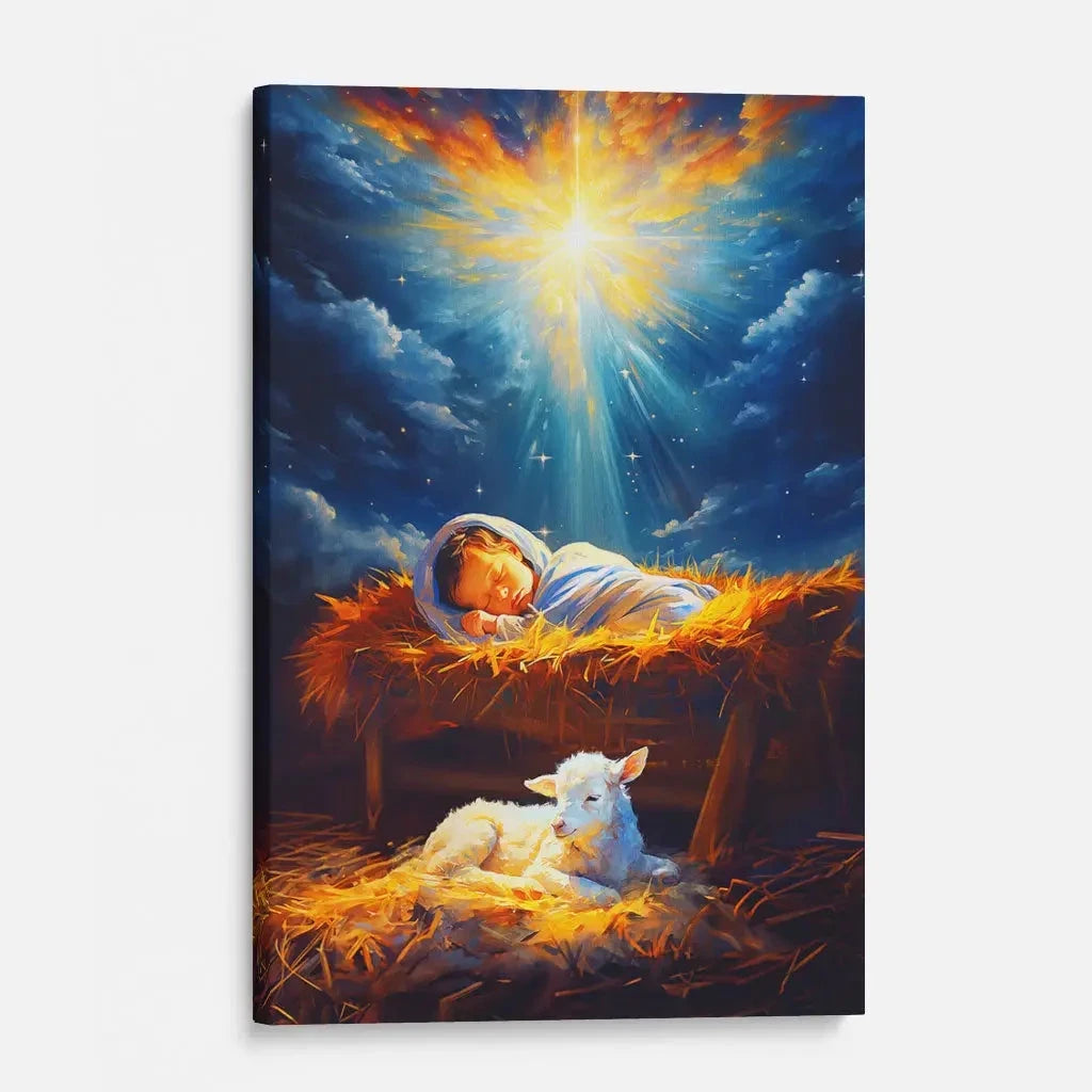 baby jesus with a lamb baby jesus in the manger wall art canvas (view 6)